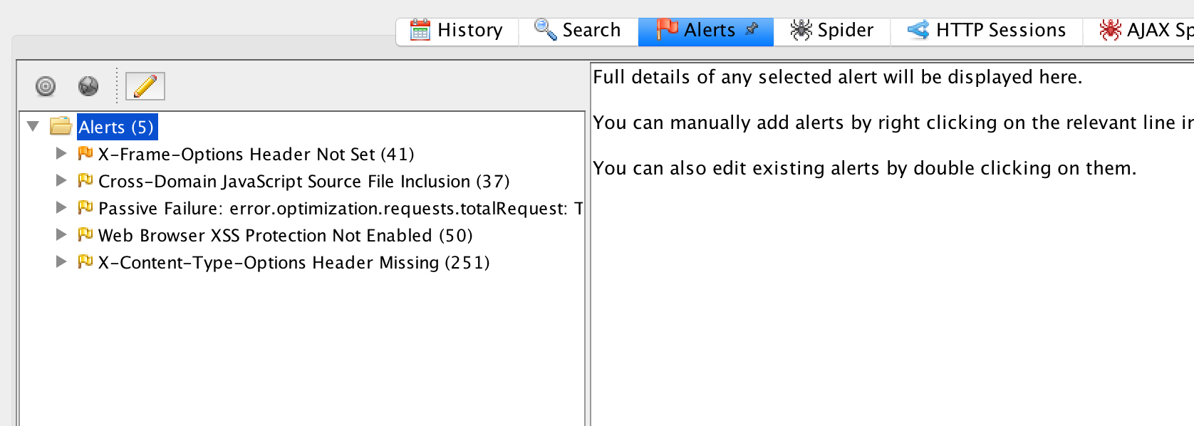 Interfície d'alertes d'OWASP ZAP
