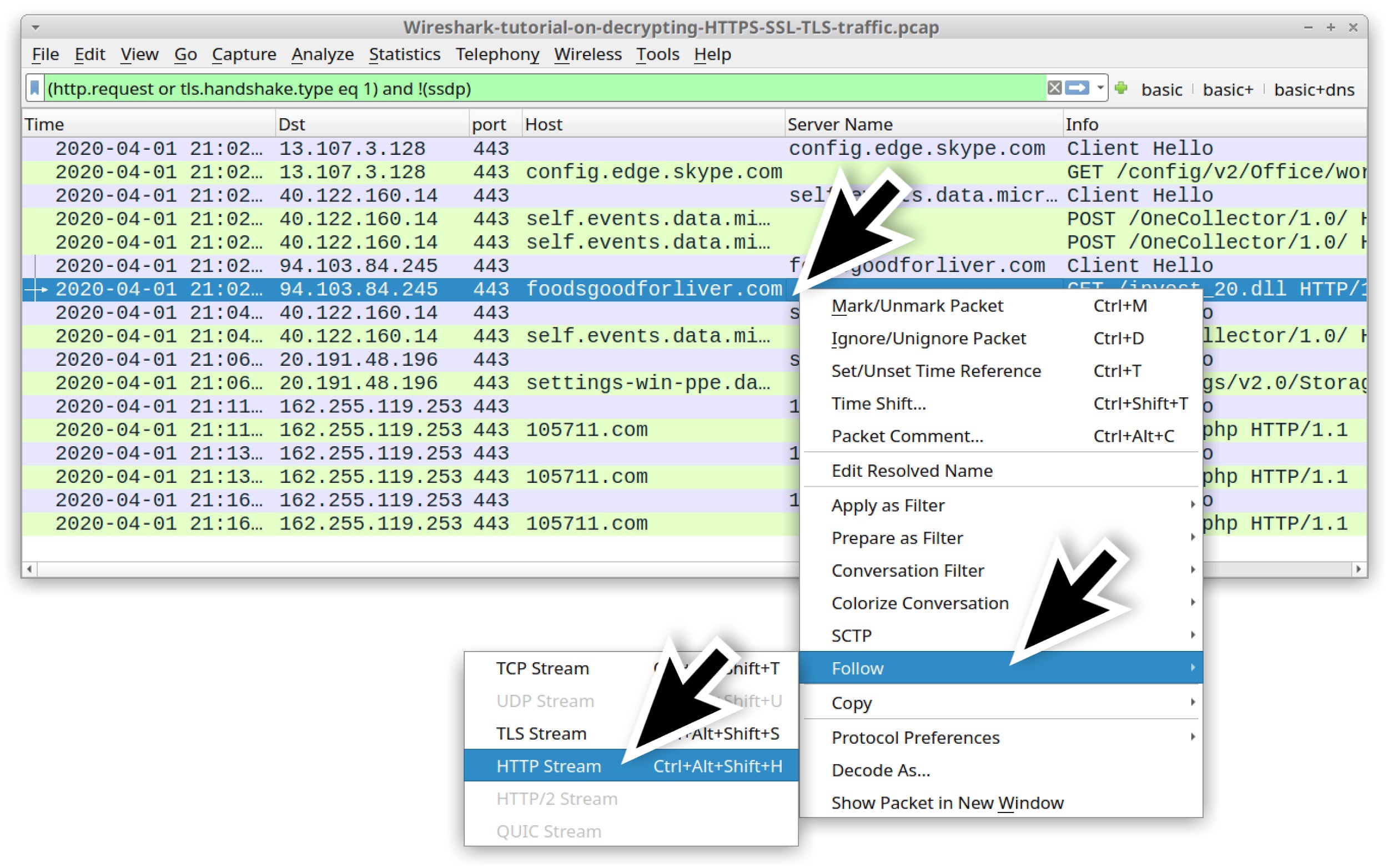 Captura de Wireshark amb trànsit TLS